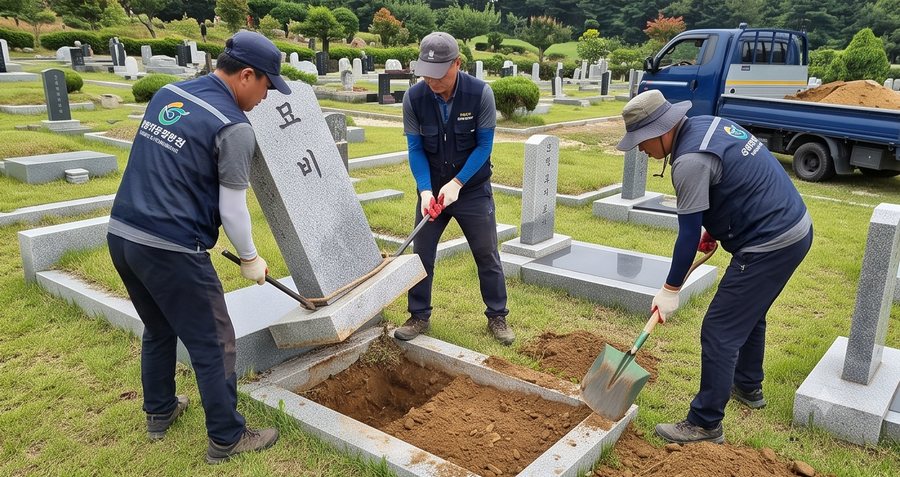 묘비가 있는 분묘를 정리하는 모습