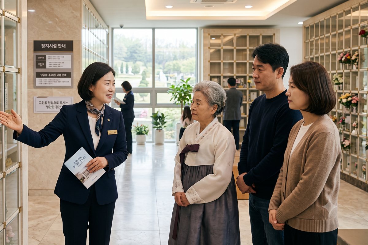 봉안당에서 장지시설을 안내받는 가족